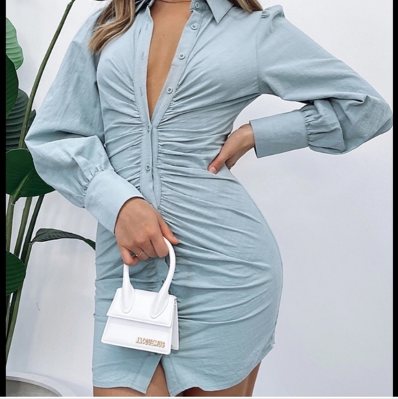 NWT White Fox Not So Subtle Runched Button Up Mini Dress in Sea Mist Small - Picture 2 of 9